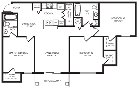 Floor plan for 3 beds, 2 baths, 1199 sqft